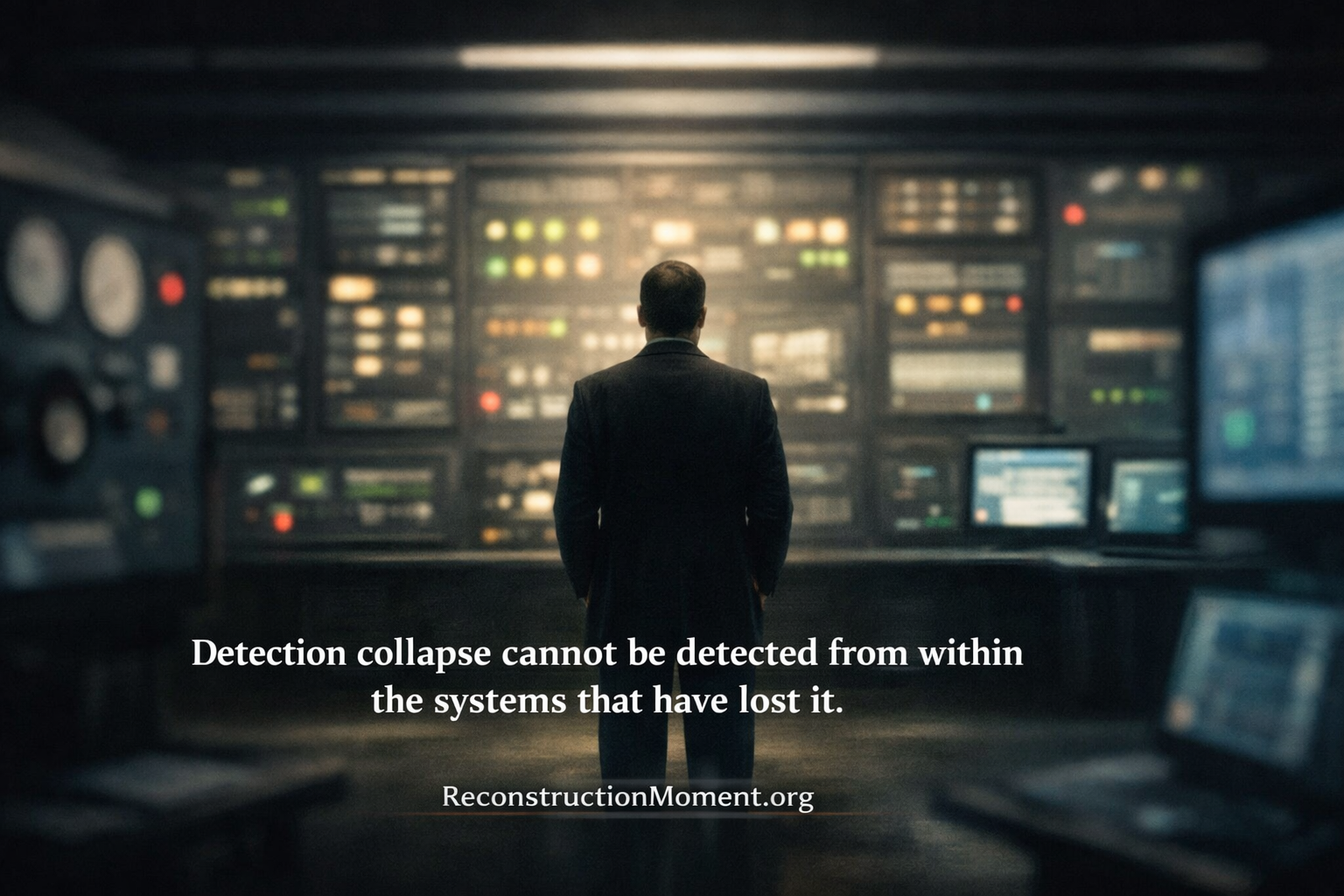 A man standing in front of monitoring systems that appear normal, symbolizing the collapse of detection in the AI era where competence can no longer be identified