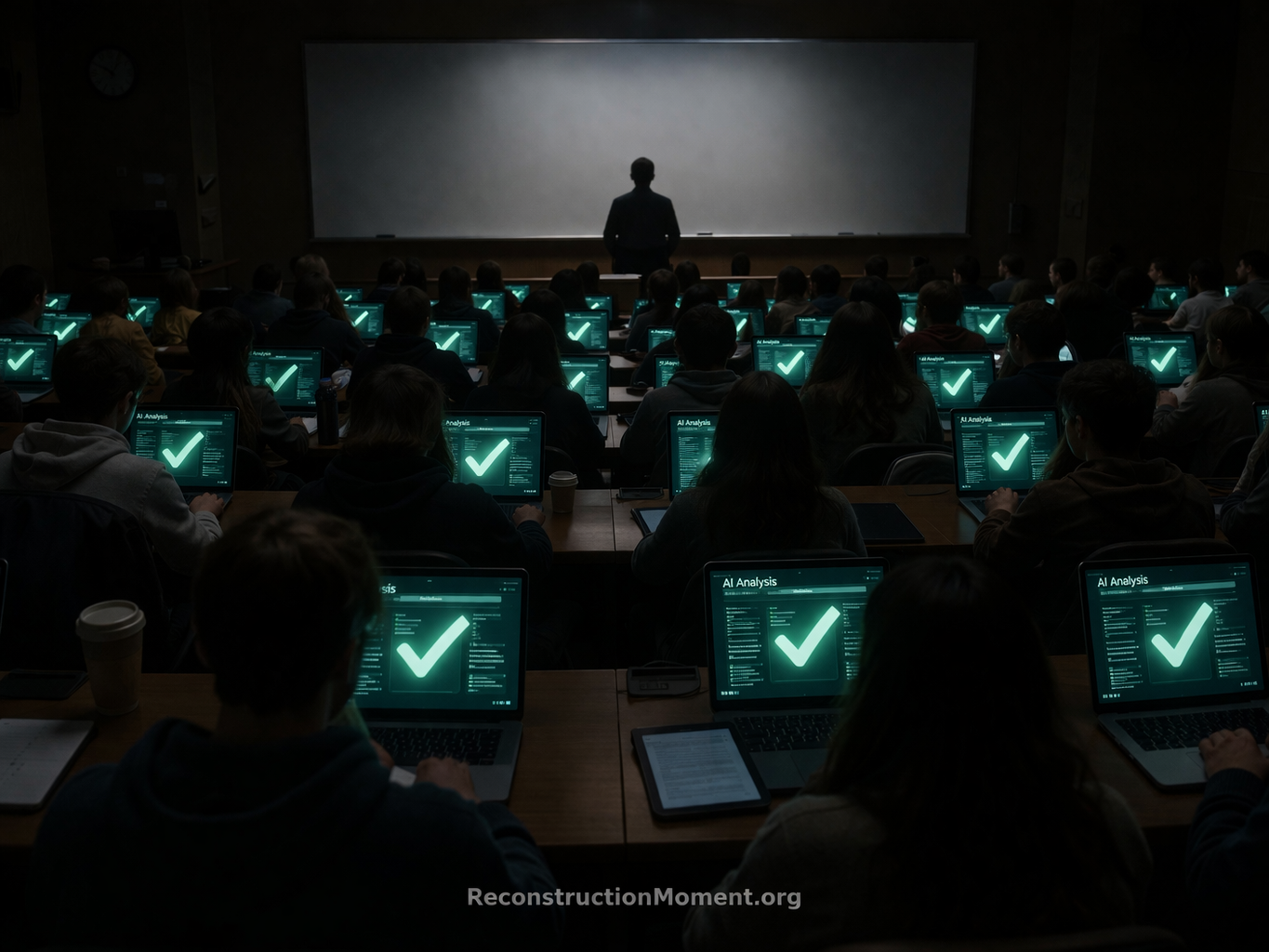 University lecture hall where students rely on AI-generated answers while a professor stands before a blank board