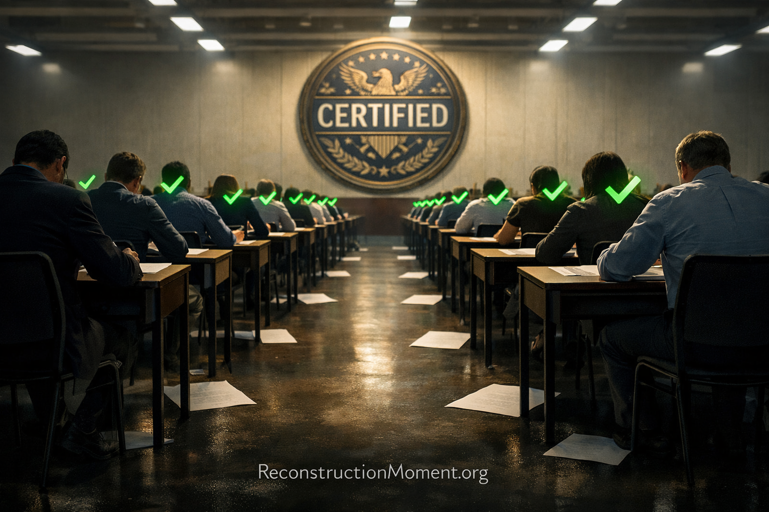 Examination hall with students receiving green checkmarks while blank reconstruction papers lie unnoticed on the floor