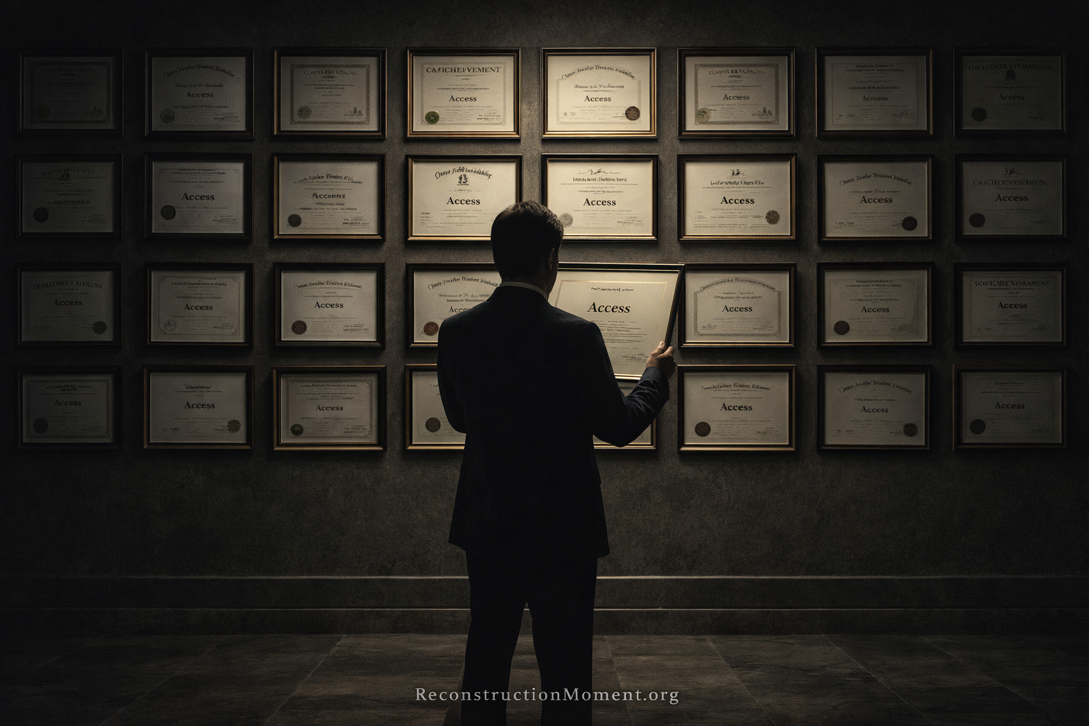 A wall of framed credentials all labeled "Access" as a person examines one certificate, symbolizing the collapse of credentials as proof of understanding in the AI era